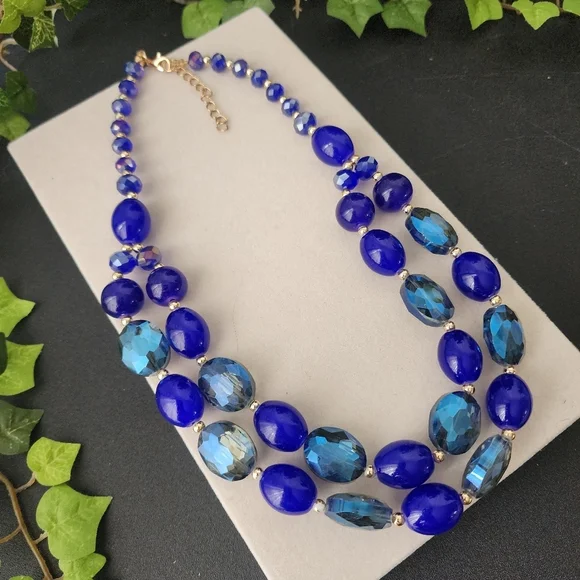 AB Blue Glass Bead Double Strand Necklace - Picture 3 of 9